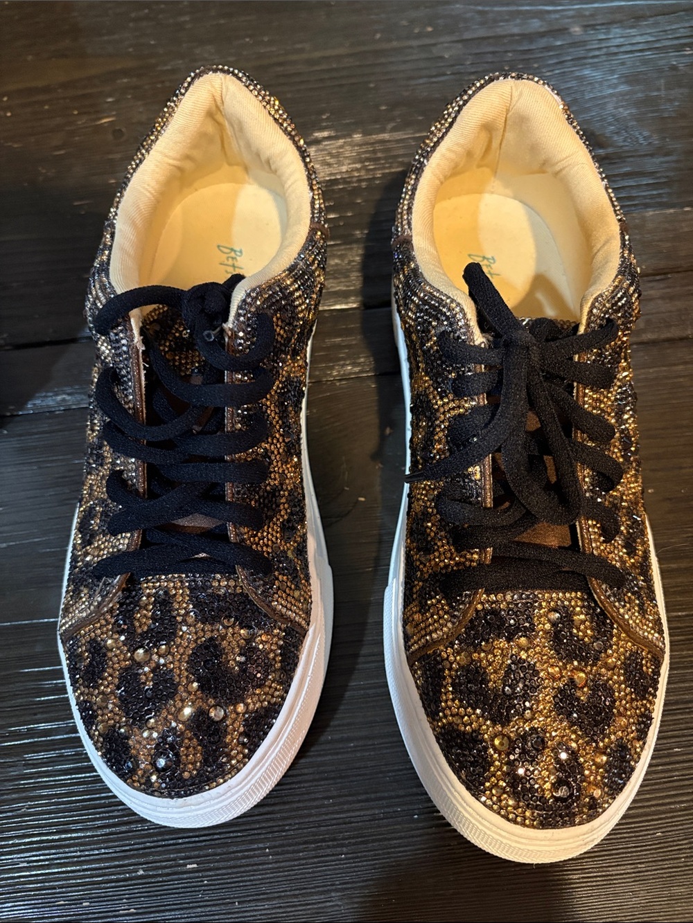 Betsey Johnson Black and Gold Leopard Crystal Low-Top Sneakers - Picture 3 of 7